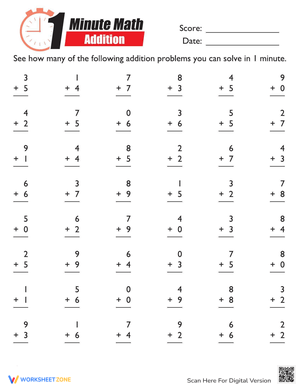 1-Minute Math Addition Worksheet