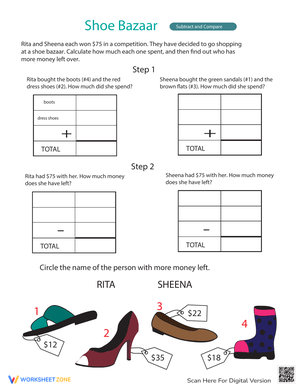 Money Math Shoe Bazaar Worksheet