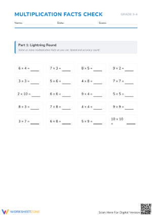 Printable 3.OA.C.7 Worksheet: Multiplication Facts Check