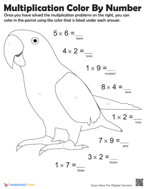 Multiplication Color by Number Parrot