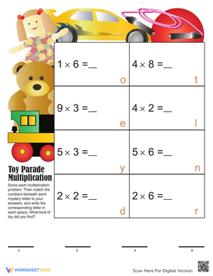 Toy Parade Multiplication Worksheet