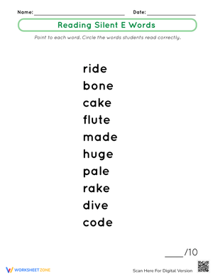 Reading Silent E Words Worksheet