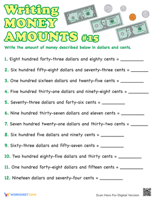 Writing Money Amounts Practice Sheet