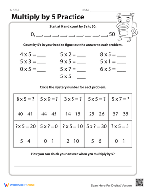 Multiply by Five Practice Worksheet