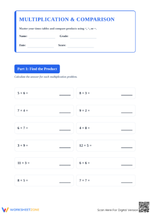 Essential Multiplication and Comparison Worksheet | Grade 3