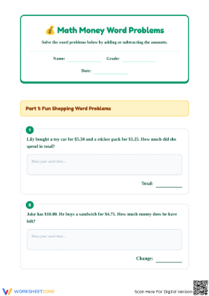 Essential Grade 2 Money Math Word Problems Worksheet