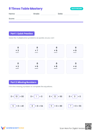8 Times Table Mastery Worksheet | Printable Grade 3 Math