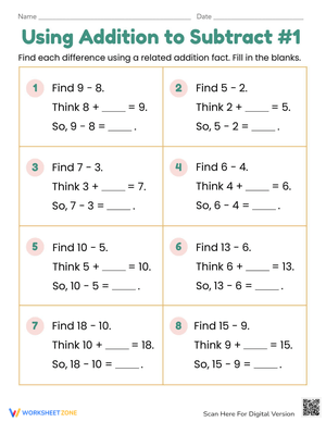 Using Addition to Subtract Worksheet