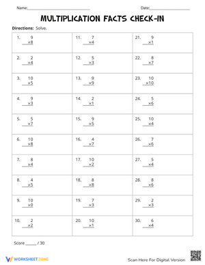 Multiplication Facts Check-In Worksheet