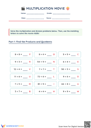 Printable Movie Multiplication & Division Riddle Worksheet
