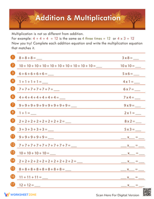 Worksheet on Addition and Multiplication