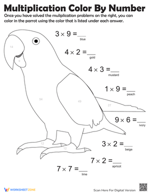 Multiplication Color by Number Parrot Worksheet