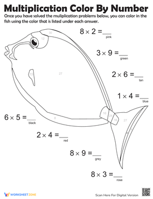 Multiplication Color by Number Fish Worksheet