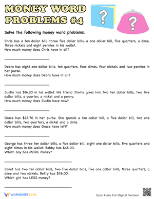 Solve Money Word Problems Worksheet