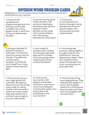 Division Word Problem Cards Worksheet