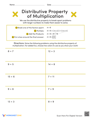 Distributive Property of Multiplication Worksheet