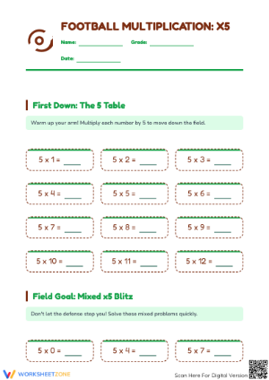 Printable Football Multiplication x5 Worksheet | Grade 3