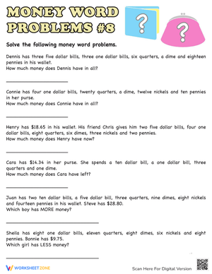 Solving Money Word Problems Worksheet