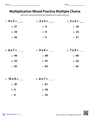 Mixed Practice Multiplication Worksheet