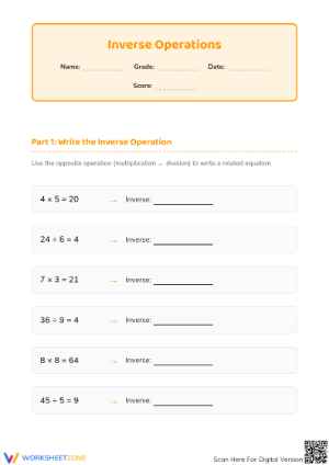 Printable Inverse Operations Worksheet | Grade 3 Math