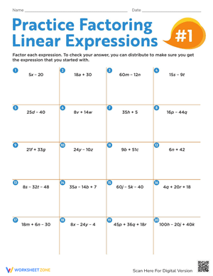 Practice Factoring Linear Expressions Worksheet