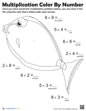 Color by Number Multiplication Worksheet with Fish