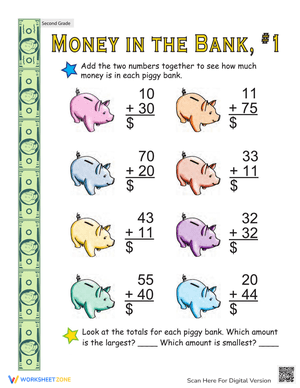 Two-Digit Addition with Money Bank Worksheet