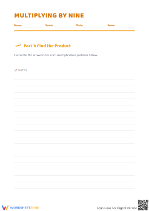Printable Multiplying by Nine Worksheet — Grade 3 Math