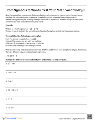 Test Your Math Vocabulary Worksheet: Symbols to Words