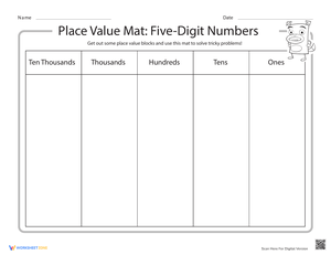 Five-Digit Numbers Place Value Mat Worksheet