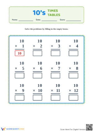 Printable 10s Times Tables Worksheet: Grade 3 Math Fluency