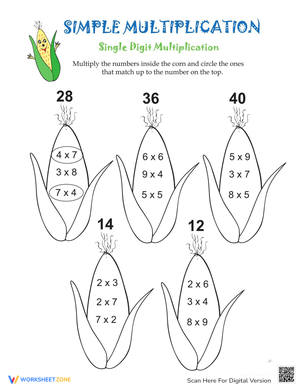 Simple Multiplication Worksheet with Corn Theme