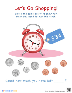 Let's Go Shopping: Telling Time by the Clock Worksheet