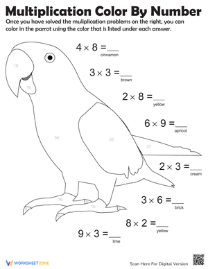 Color by Number Multiplication Parrot Worksheet