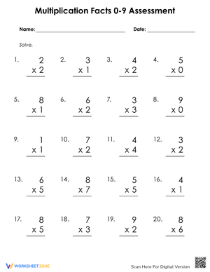 Multiplication Facts 0-9 Assessment