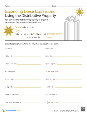 Expanding Linear Expressions Worksheet Using Distributive Property