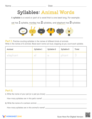 Explore Animal Syllables Worksheet