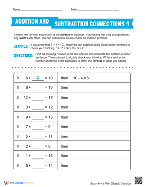 Addition and Subtraction Connections Worksheet