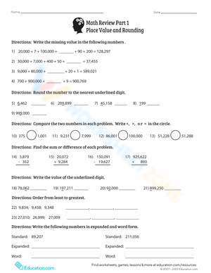 Math Review: Place Value and Rounding Worksheet