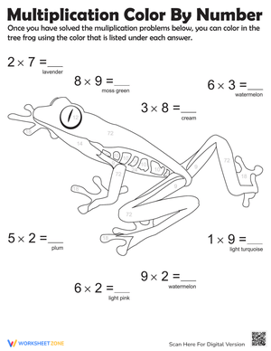 Multiplication Color by Number Frog Worksheet