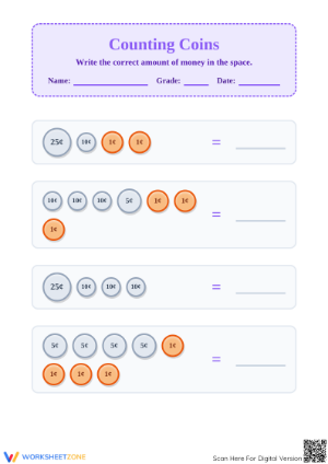 Printable Grade 2 Counting Coins Worksheet | Essential Math