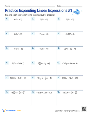 Expanding Linear Expressions Worksheet