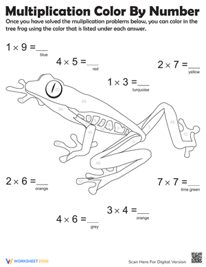 Color by Number Multiplication Frog Worksheet