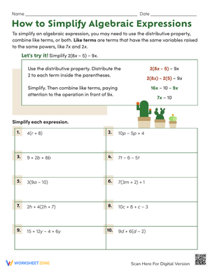Simplify Algebraic Expressions Worksheet