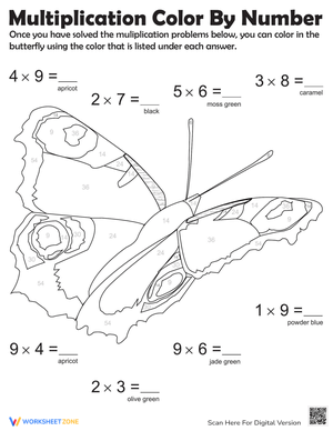 Color Number Multiplication Butterfly Worksheet