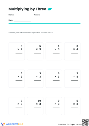 Essential Multiplying by Three Worksheet | Grade 3 Math
