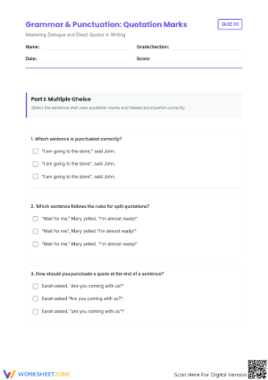 Quotation Marks Worksheet: Grade 5 Printable Quiz