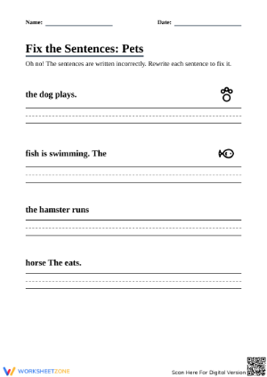 Fix Sentences Worksheet | Grade 1 Printable