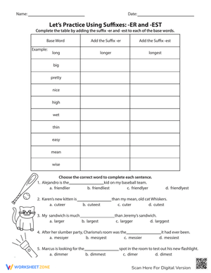 Suffixes -er and -est Practice Worksheet