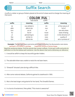 Suffix Practice Worksheet for Vocabulary Building